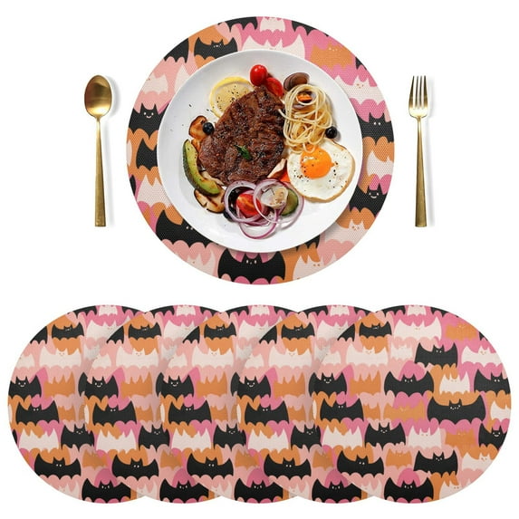Round Placemats Plate Mats 15 Inch Non-Slip Heat Resistant Washable PVC Set Table Decoration for Kitchen Dining Orange and Black Bats