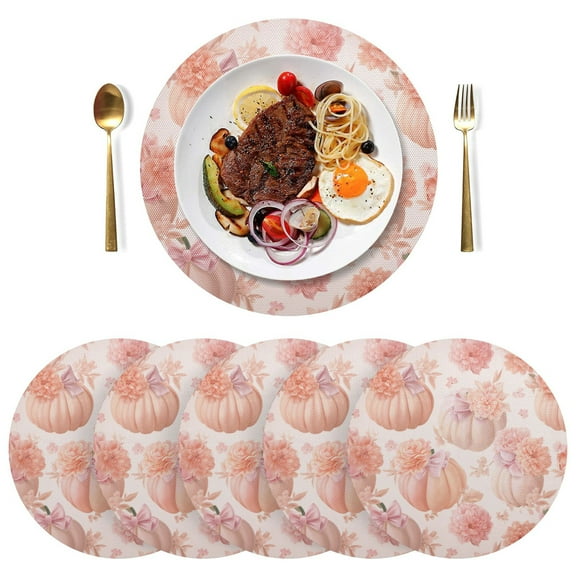 Round Placemats Plate Mats 15 Inch Non-Slip Heat Resistant Washable PVC Set Table Decoration for Kitchen Dining Pastel Pink Pumpkins