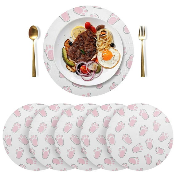 Round Placemats Plate Mats 15 Inch Non-Slip Heat Resistant Washable PVC Set Table Decoration for Kitchen Dining Pink Bunny Footprints