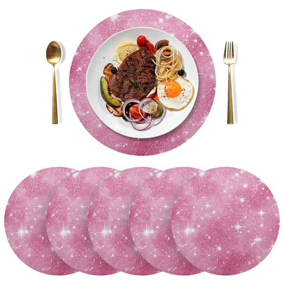 Round Placemats Plate Mats 15 Inch Non-Slip Heat Resistant Washable PVC Set Table Decoration for Kitchen Dining Pink Glitter Background