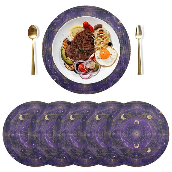 Round Placemats Plate Mats 15 Inch Non-Slip Heat Resistant Washable PVC Set Table Decoration for Kitchen Dining Purple Celestial Pattern