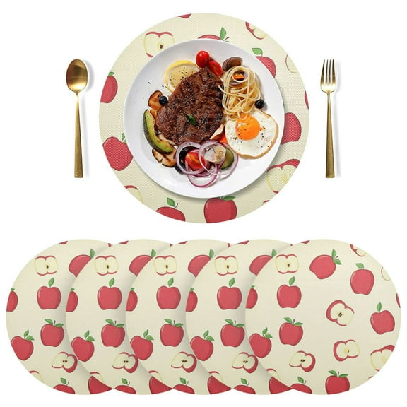 Round Placemats Plate Mats 15 Inch Non-Slip Heat Resistant Washable PVC Set Table Decoration for Kitchen Dining Red Apple Pattern
