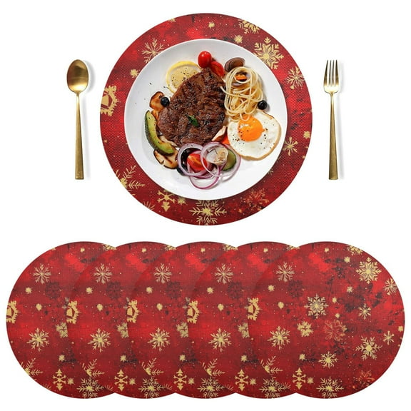 Round Placemats Plate Mats 15 Inch Non-Slip Heat Resistant Washable PVC Set Table Decoration for Kitchen Dining Red and Gold Snowflakes