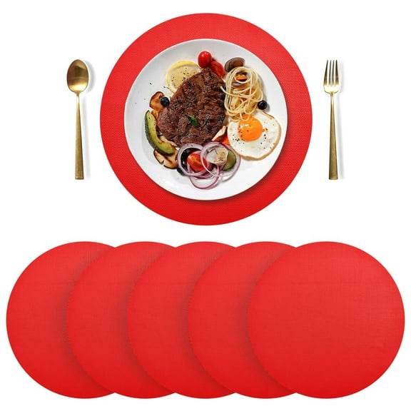 Round Placemats Plate Mats 15 Inch Non-Slip Heat Resistant Washable PVC Set Table Decoration for Kitchen Dining Red