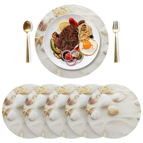 Round Placemats Plate Mats 15 Inch Non-Slip Heat Resistant Washable PVC Set Table Decoration for Kitchen Dining Seashells and Starfish on The Sand