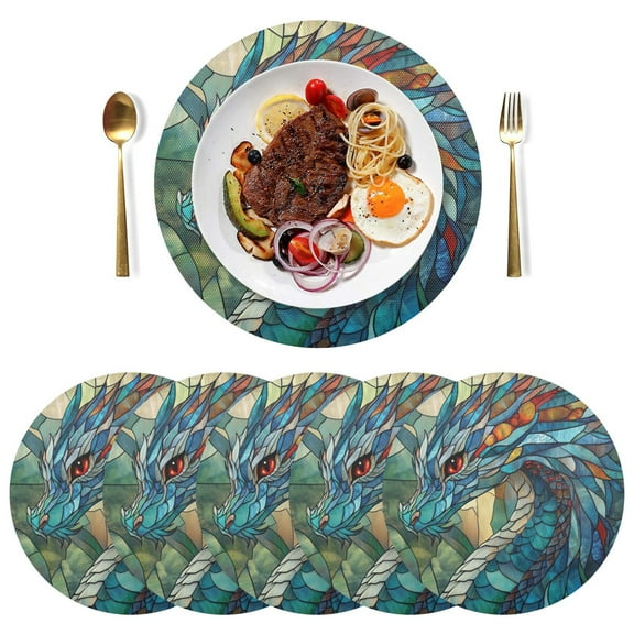 Round Placemats Plate Mats 15 Inch Non-Slip Heat Resistant Washable PVC Set Table Decoration for Kitchen Dining Stained Glass Dragon