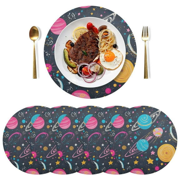 Round Placemats Plate Mats 15 Inch Non-Slip Heat Resistant Washable PVC Set Table Decoration for Kitchen Dining Stars and Planets Pattern