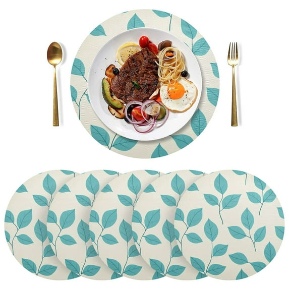 Round Placemats Plate Mats 15 Inch Non-Slip Heat Resistant Washable PVC Set Table Decoration for Kitchen Dining Turquoise Leaf