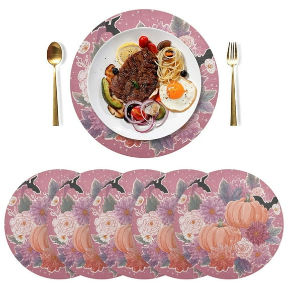 Round Placemats Plate Mats 15 Inch Non-Slip Heat Resistant Washable PVC Set Table Decoration for Kitchen Dining Vintage Flowers and Pumpkins