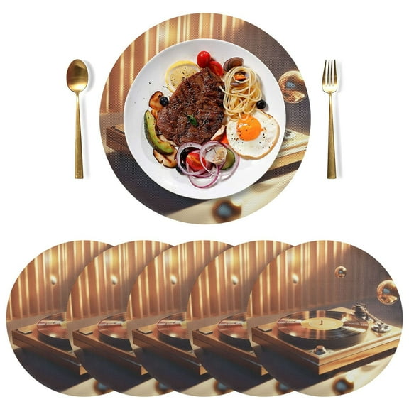Round Placemats Plate Mats 15 Inch Non-Slip Heat Resistant Washable PVC Set Table Decoration for Kitchen Dining Vinyl Record Player Pattern