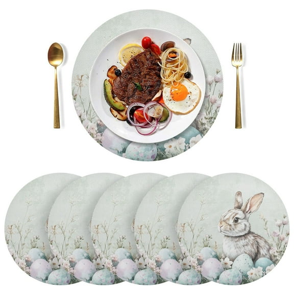 Round Placemats Plate Mats 15 Inch Non-Slip Heat Resistant Washable PVC Set Table Decoration for Kitchen Dining Watercolors Easter Bunny