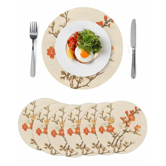 Round Placemats Plum Flower 15 inch Set of 6 Table Mats for Dining Table Floral Leaves Branch Heat Resistant Non-Slip Kitchen & Home Decorative Place Mat Set