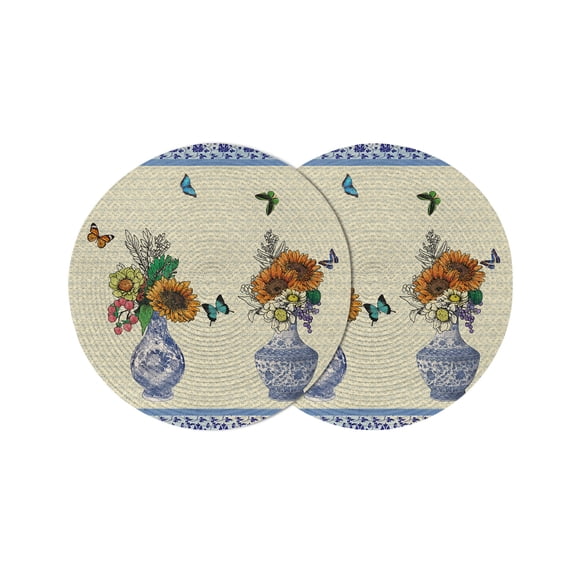 Round Placemats Porcelain Texture 15 inch Set of 2 Table Mats for Dining Table Floral Butterfly Retro Heat Resistant Non-Slip Kitchen & Home Decorative Place Mat Set