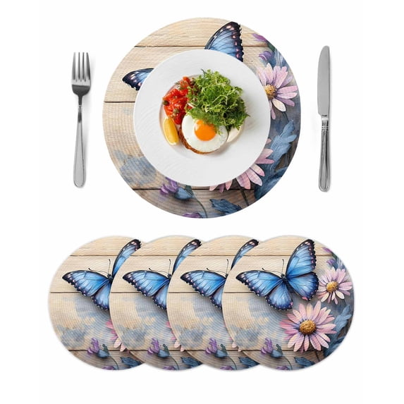 Round Placemats Purple Daisy Butterfly 15 inch Set of 4 Table Mats for Dining Table Wood Grain Heat Resistant Non-Slip Kitchen & Home Decorative Place Mat Set