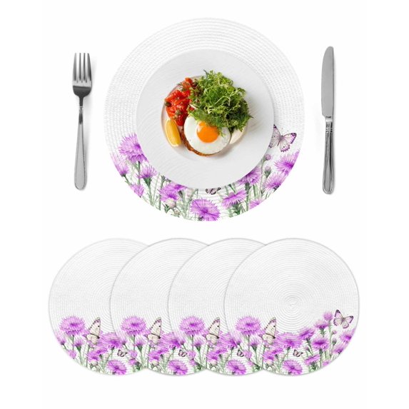 Round Placemats Purple Flower Floral 15 inch Set of 4 Table Mats for Dining Table Butterfly Branch Leaves Heat Resistant Non-Slip Kitchen & Home Decorative Place Mat Set