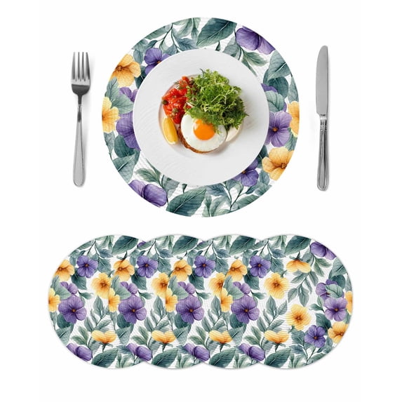 Round Placemats Purple Yellow Flowers 15 inch Set of 4 Table Mats for Dining Table Watercolor Floral Heat Resistant Non-Slip Kitchen & Home Decorative Place Mat Set