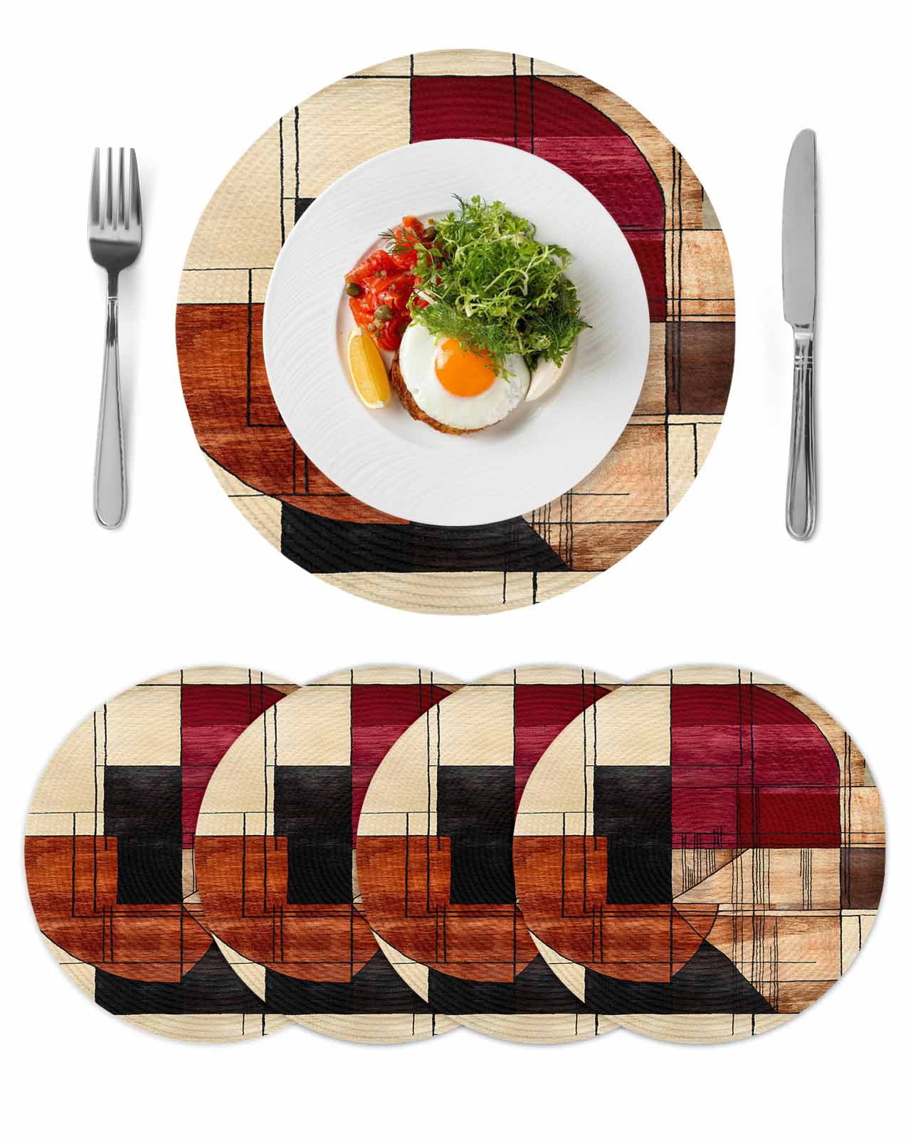 Round Placemats Red Brown Beige Geometric Painting 15 inch Set of 4 Table Mats for Dining Table Abstract Art Heat Resistant Non-Slip Kitchen & Home Decorative Place Mat Set