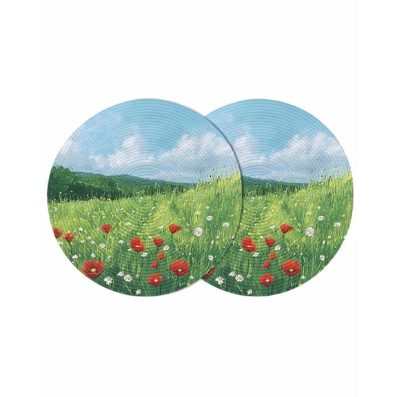 Round Placemats Red White Flowers 15 inch Set of 2 Table Mats for Dining Table Spring Field Heat Resistant Non-Slip Kitchen & Home Decorative Place Mat Set