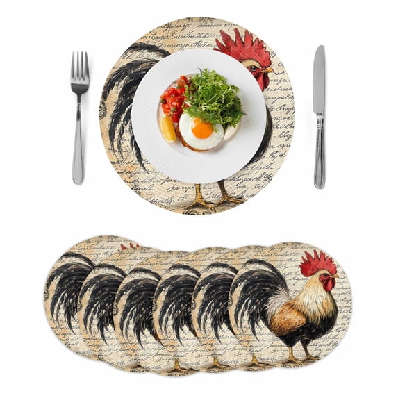 Round Placemats Retro Rooster 15 inch Set of 6 Table Mats for Dining Table Vintage Letter Heat Resistant Non-Slip Kitchen & Home Decorative Place Mat Set