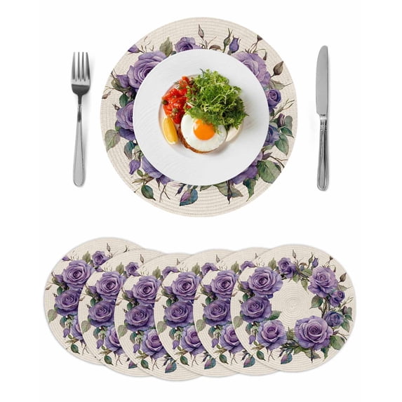 Round Placemats Retro Wreath 15 inch Set of 6 Table Mats for Dining Table Purple Flower Heat Resistant Non-Slip Kitchen & Home Decorative Place Mat Set
