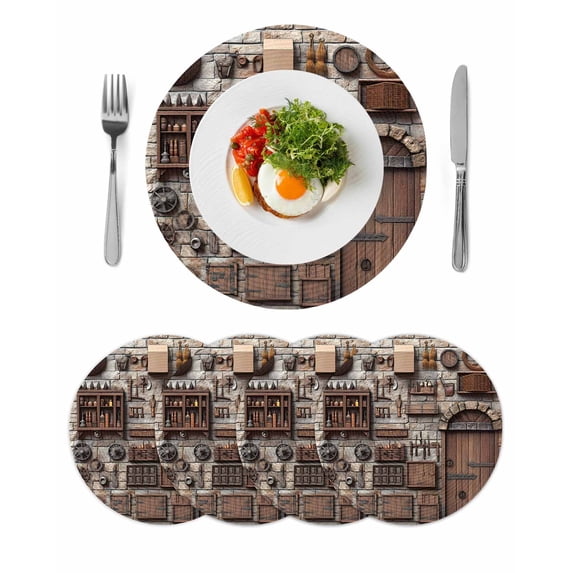 Round Placemats Rustic Medieval Tools 15 inch Set of 4 Table Mats for Dining Table Retro Door Wall Heat Resistant Non-Slip Kitchen & Home Decorative Place Mat Set