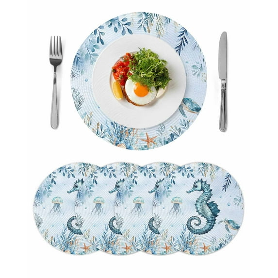Round Placemats Seahorse Turtle 15 inch Set of 4 Table Mats for Dining Table Fish Shell Coral Heat Resistant Non-Slip Kitchen & Home Decorative Place Mat Set