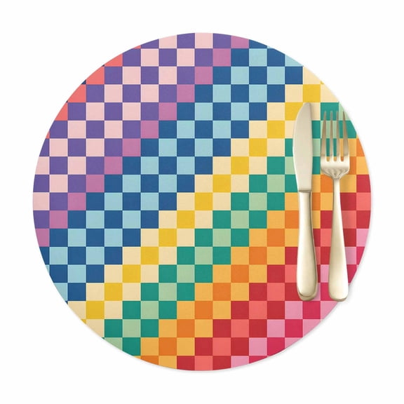 Round Placemats Set of 1, Abstract Checkerboard Squares Faux Leather Placemat Waterproof Wipeable Table Mats 12in, Blue Green Red Plaid Washable Place Mats for Kitchen Dining Table Party Outdoor