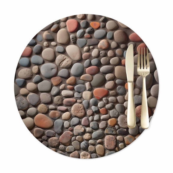 Round Placemats Set of 1, Abstract Country Stones Faux Leather Placemat Waterproof Oil-Proof Wipeable Table Mats 12in, Cobblestones Pattern Washable Place Mats for Kitchen Dining Table Party Outdoor