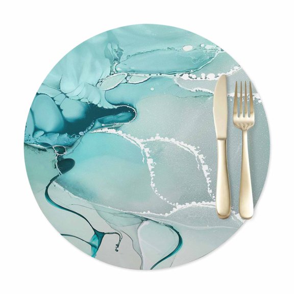 Round Placemats Set of 1, Abstract Flowing Marble Texture Faux Leather Placemat Waterproof Oil-Proof Wipeable Table Mats 12in, Turquoise Fluid Art Washable Place Mats for Kitchen Dining Table Party