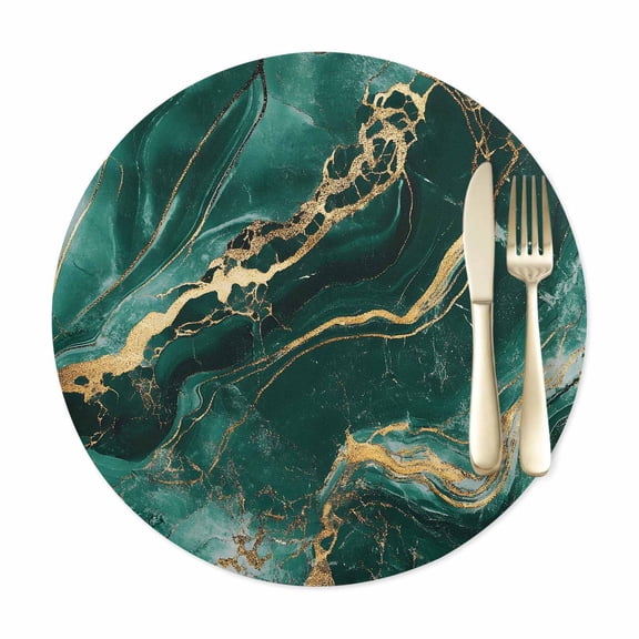 Round Placemats Set of 1, Abstract Marble Stone Texture Faux Leather Placemat Waterproof Oil-Proof Wipeable Table Mats 15in, Green Gold Striped Washable Place Mats for Kitchen Dining Table Party
