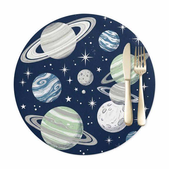 Round Placemats Set of 1, Abstract Navy White Sage Planets Stars Faux Leather Placemat Waterproof Oil-Proof Wipeable Table Mats 12in, Saturn Rings Washable Place Mats for Kitchen Dining Table Party