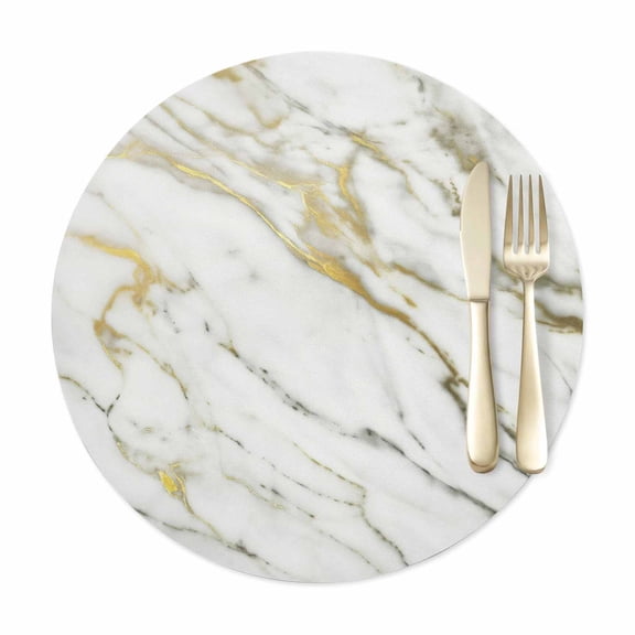 Round Placemats Set of 1, Abstraction Marble Marble Texture Faux Leather Placemat Waterproof Oil-Proof Wipeable Table Mats 15in, Gold Gray Line Washable Place Mats for Kitchen Dining Table Party