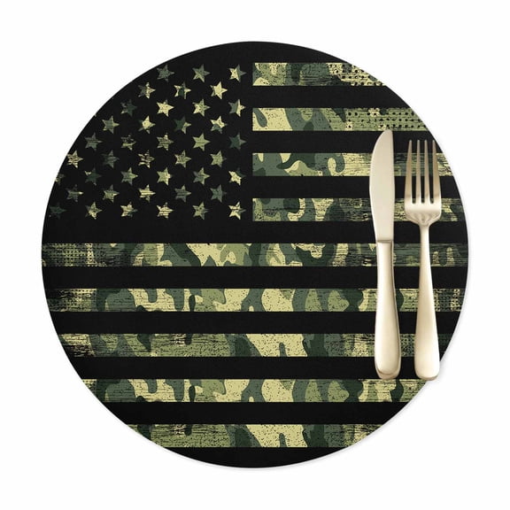Round Placemats Set of 1, American Retro Stars and Stripes Flag Faux Leather Placemat Waterproof Oil-Proof Table Mats 12in, Forests Army Camouflage Washable Place Mats for Kitchen Dining Table Party