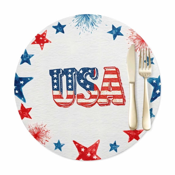 Round Placemats Set of 1, Anniversary USA Flag Faux Leather Placemat Waterproof Oil-Proof Wipeable Table Mats 12in, Stripes and Stars Minimalist Washable Place Mats for Kitchen Dining Table Party