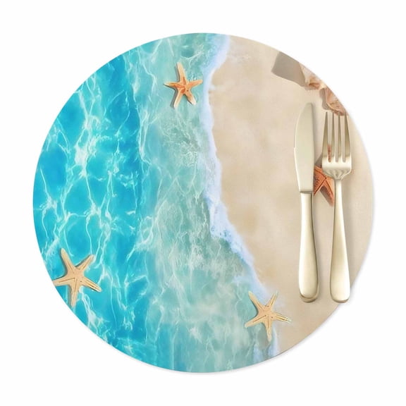 Round Placemats Set of 1, Beach Starfish Shell Sea Water Faux Leather Placemat Waterproof Oil-Proof Wipeable Table Mats 12in, Summer Seaside Theme Washable Place Mats for Kitchen Dining Table Party