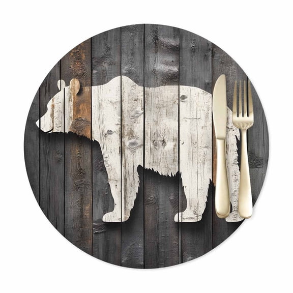 Round Placemats Set of 1, Bear Shadow Animal Portrait Faux Leather Placemat Waterproof Oil-Proof Table Mats 12in, Farmhouse Vintage Wood Board Washable Place Mats for Kitchen Dining Table Party