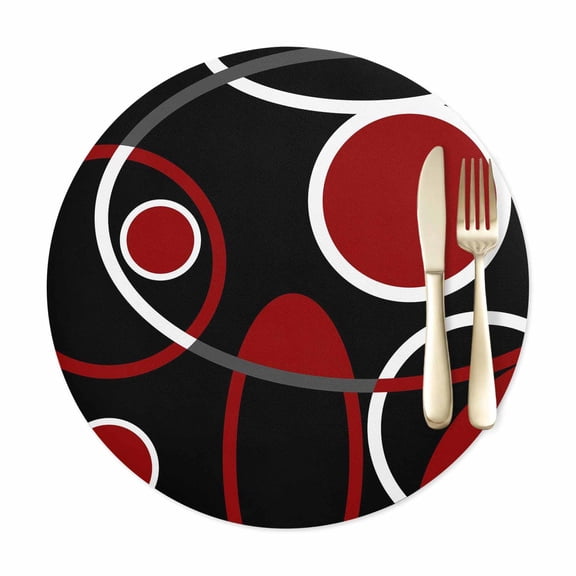 Round Placemats Set of 1, Burgundy Red Color Block Faux Leather Placemat Waterproof Oil-Proof Table Mats 15in, Abstract Geometric Black Stripe Washable Place Mats for Kitchen Dining Table Party