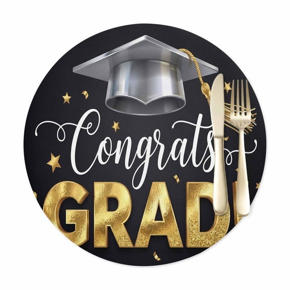 Round Placemats Set of 1, Cartoon Bachelor's Hat Star Faux Leather Placemat Waterproof Oil-Proof Wipeable Table Mats 12in, Congrats Grad Quote Washable Place Mats for Kitchen Dining Table Party