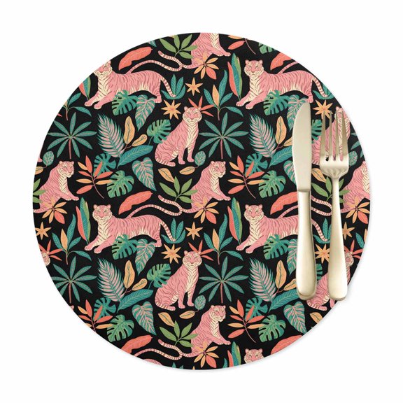Round Placemats Set of 1, Cartoon Tiger Tropical Leaves Faux Leather Placemat Waterproof Oil-Proof Wipeable Table Mats 12in, Green Monstera Leaf Washable Place Mats for Kitchen Dining Table Party