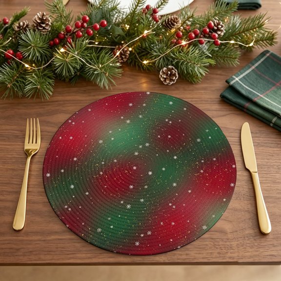 Round Placemats Set of 1 Christmas Snowflake Green to Red Gradient Heat-proof Table Mats Washable PP Placemat Bokeh Style Non-Slip Place Mats for Home Kitchen Dining Decor,13 Inches