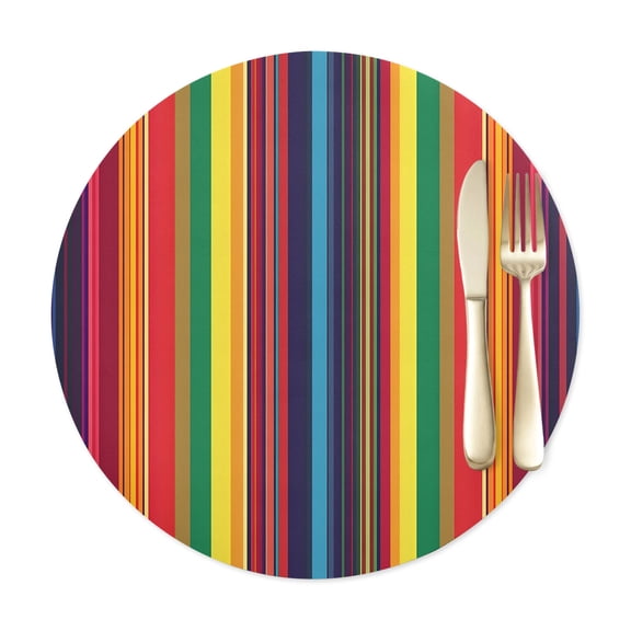 Round Placemats Set of 1, Colorful Mexican Stripe Faux Leather Placemat Waterproof Oil-Proof Wipeable Table Mats 12in, Rainbow Gradient Line Washable Place Mats for Kitchen Dining Table Party Outdoor
