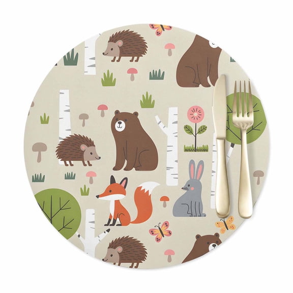 Round Placemats Set of 1, Cute Bear Hedgehog Fox Faux Leather Placemat Waterproof Oil-Proof Wipeable Table Mats 12in, Cartoon Tree Wild Flower Washable Place Mats for Kitchen Dining Table Party