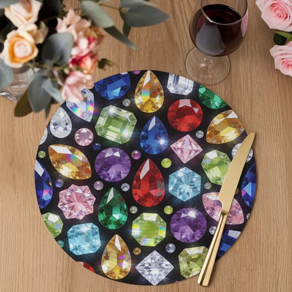 Round Placemats Set of 1 Dreamy Gemstone Colorful Heat-proof Table Mats Washable PP Placemat Abstract Geometric Non-Slip Place Mats for Home Kitchen Dining Decor,13 Inches