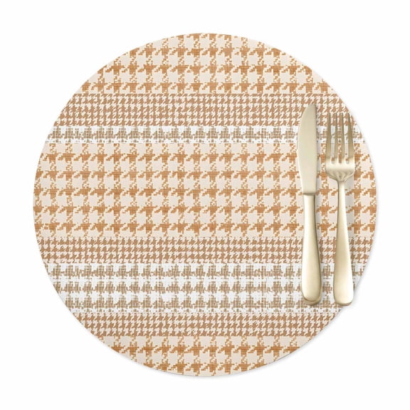 Round Placemats Set of 1, Farm Lattice Houndstooth Pattern Faux Leather Placemat Waterproof Oil-Proof Table Mats 12in, Rustic Beige Khaki Plaid Washable Place Mats for Kitchen Dining Table Party
