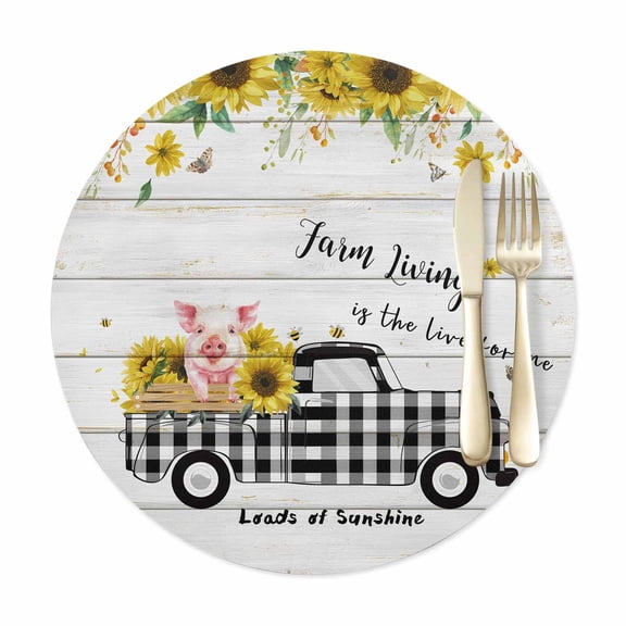 Round Placemats Set of 1, Farm Sunflowers on Top Faux Leather Placemat Waterproof Oil-Proof Table Mats 15in, Cute Pig on Black White Plaid Car Washable Place Mats for Kitchen Dining Table Party