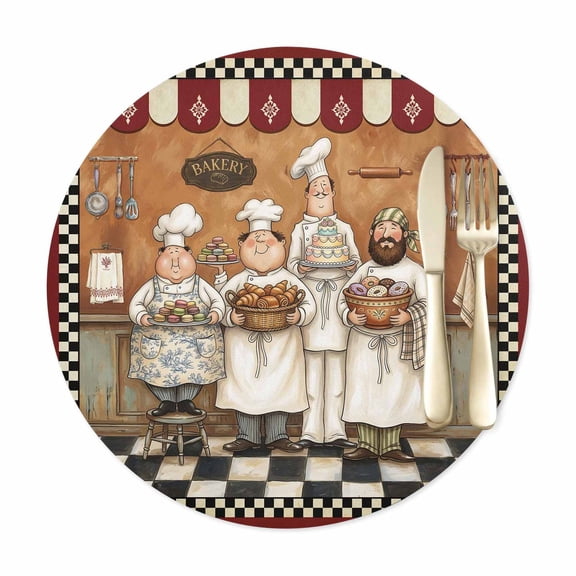 Round Placemats Set of 1, Farmhouse Cartoon Chef Faux Leather Placemat Waterproof Oil-Proof Table Mats 12in, Cooking Theme Black White Checkered Washable Place Mats for Kitchen Dining Table Party
