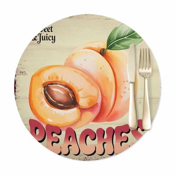 Round Placemats Set of 1, Farmhouse Peaches Vintage Style Faux Leather Placemat Waterproof Oil-Proof Table Mats 12in, Country Fruit Wood Texture Washable Place Mats for Kitchen Dining Table Party