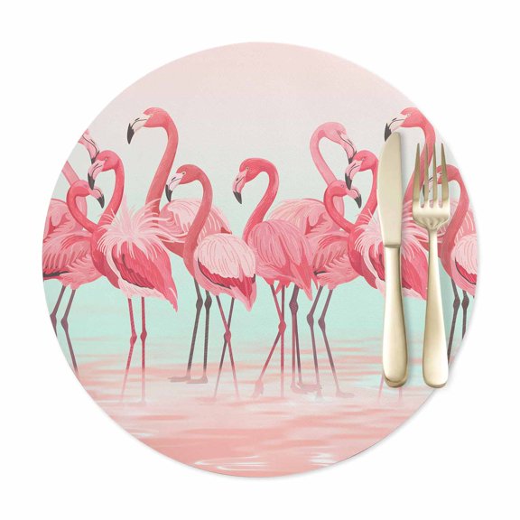 Round Placemats Set of 1, Flamingo Bird on Gradient Background Faux Leather Placemat Waterproof Oil-Proof Table Mats 12in, Tropical Pink Animals Washable Place Mats for Kitchen Dining Table Party