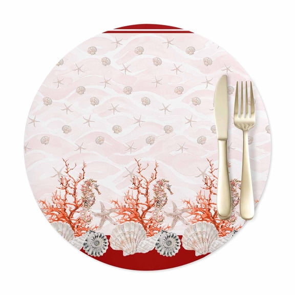 Round Placemats Set of 1, Gradient Pink Ocean Wavy Texture Faux Leather Placemat Waterproof Oil-Proof Table Mats 12in, Coastal Red Coral Border Washable Place Mats for Kitchen Dining Table Party