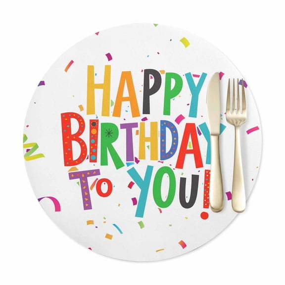 Round Placemats Set of 1, Happy Birthday to You Words Faux Leather Placemat Waterproof Oil-Proof Table Mats 12in, Colorful Celebration Ribbon Washable Place Mats for Kitchen Dining Table Party